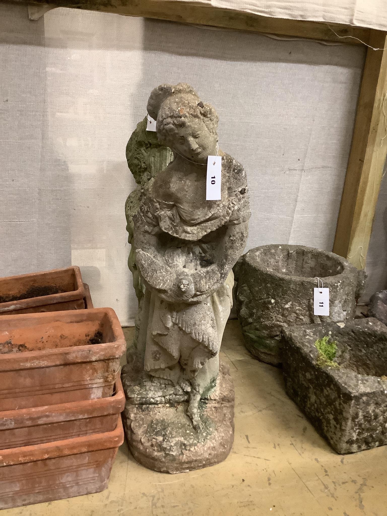 A reconstituted stone garden figure of a girl, height 70cm and another figure lacking its top